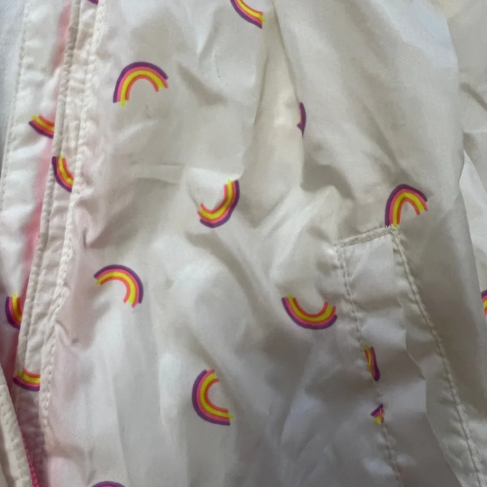 GAP Baby White Hooded Rain Jacket with Pink-Trim Rainbow Print